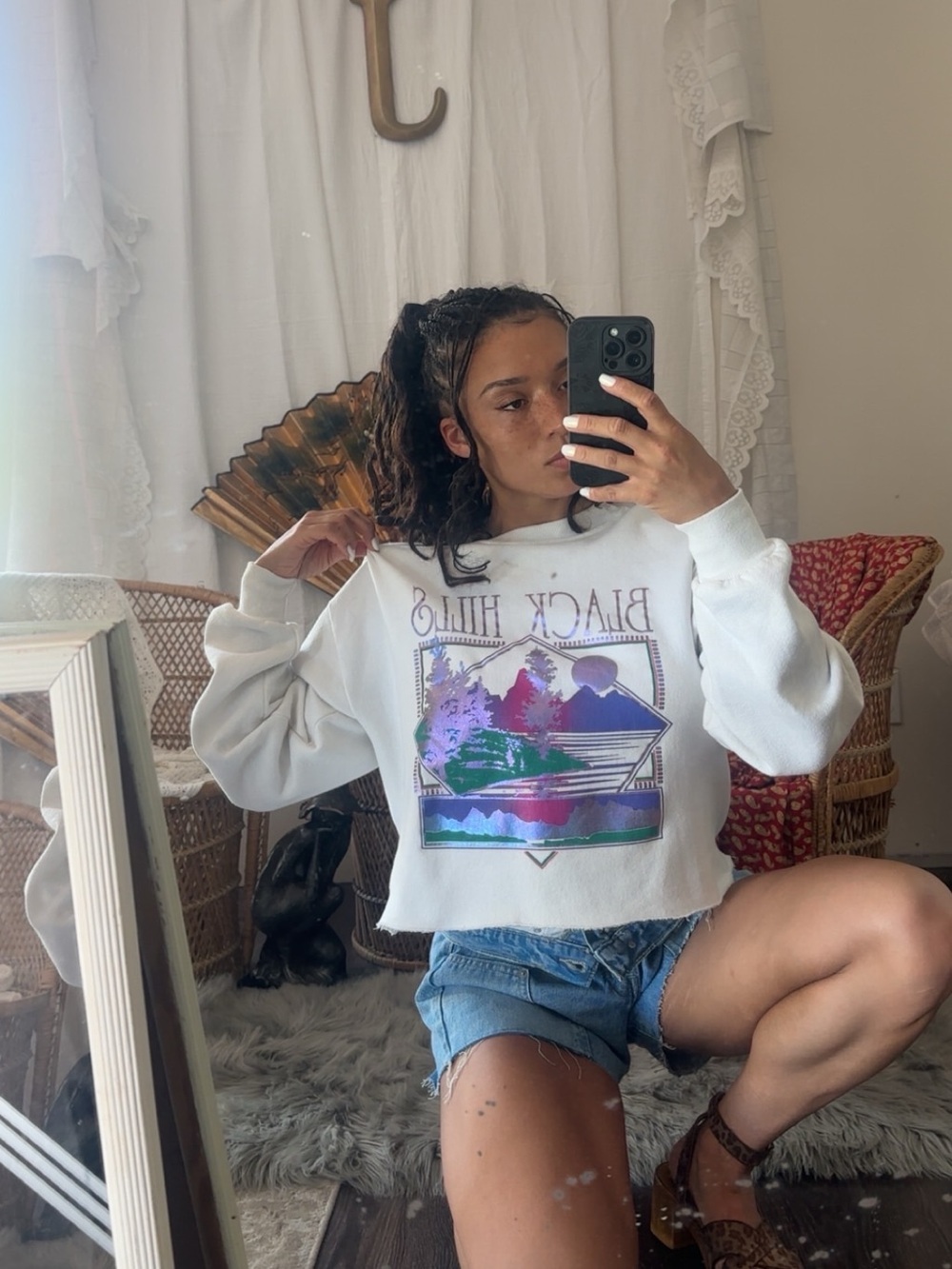 Jerzees White Cropped Sweatshirt with Purple & Green Graphic